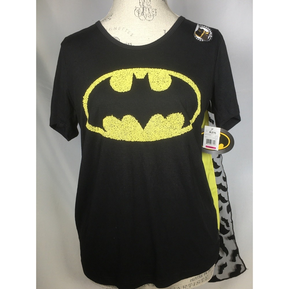 Batman Black Costume T-Shirt w/ 2 Interchangeable Capes Juniors MEDIUM NWT